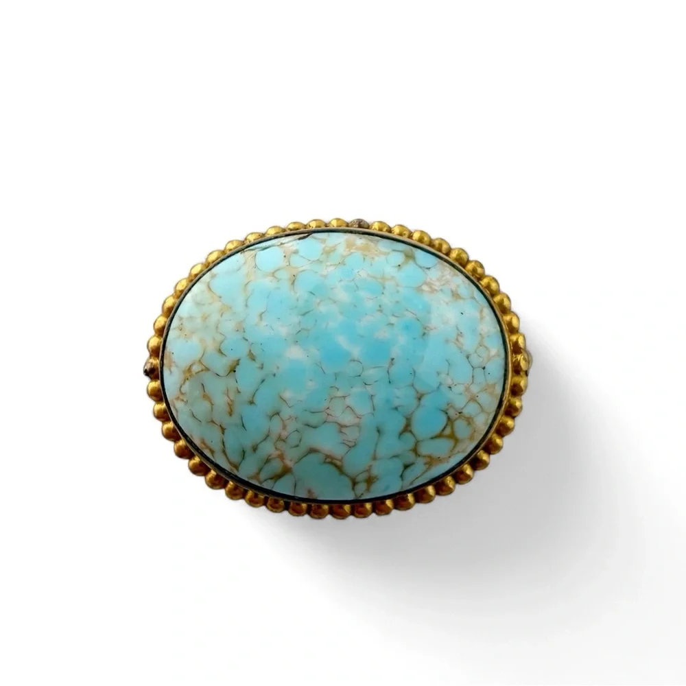 Vintage Turquoise Peking Glass Oval Brooch Goldtone Ball Bead Trim Framed